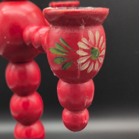 Vintage Swedish Red Wooden Handpainted Candelabra - Picture 6 of 8
